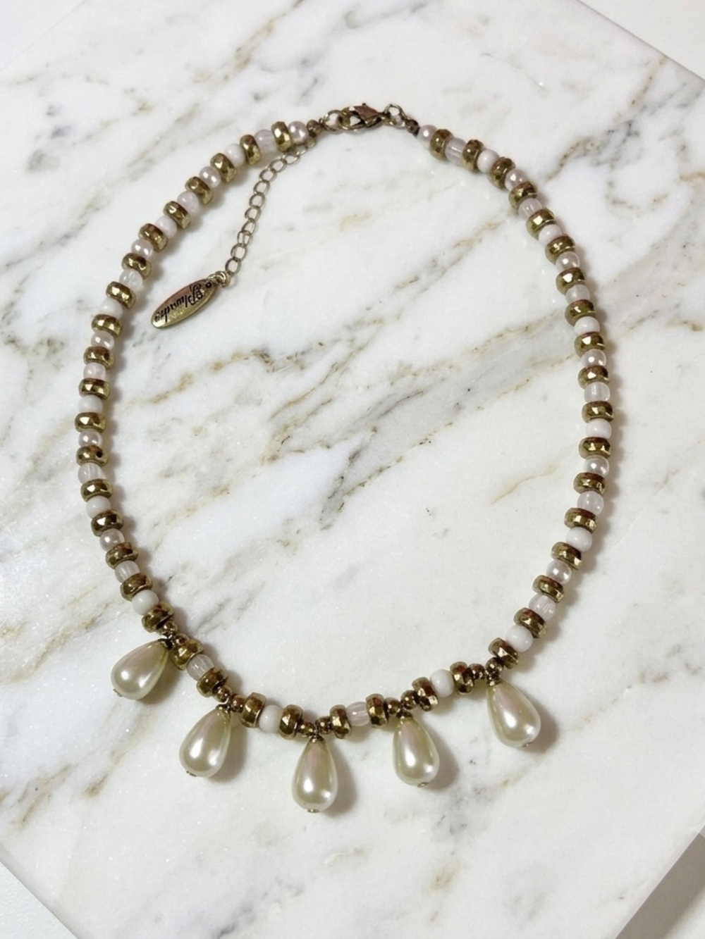 Plunder Design Gold Beaded 16”
Necklace with Teardrop Pearl Dangles
